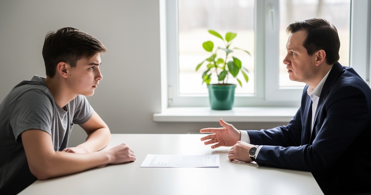 Un jeune homme assis face à une conseillère dans un petit bureau clair, un document posé entre eux