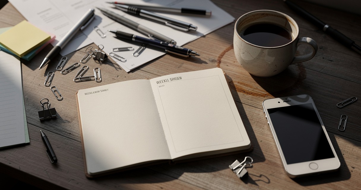 Un agenda hebdomadaire ouvert sur un bureau encombré, à côté d'une tasse de café et d'un téléphone posé à l'envers