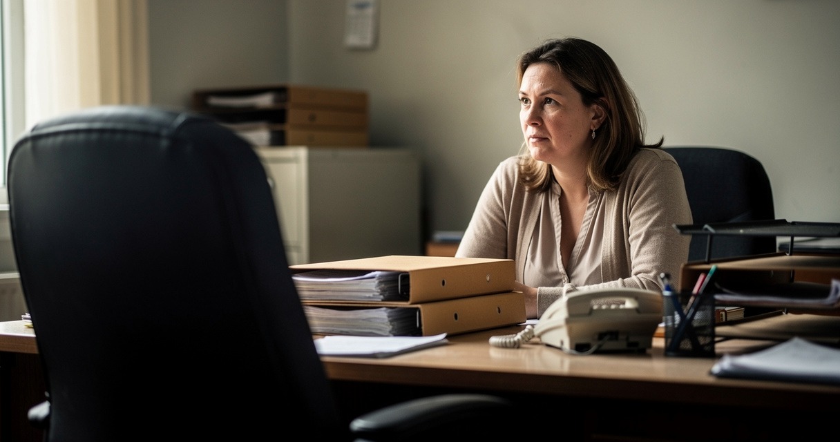 Une conseillère à son bureau, dossiers empilés et téléphone, regardant la chaise vide en face d'elle