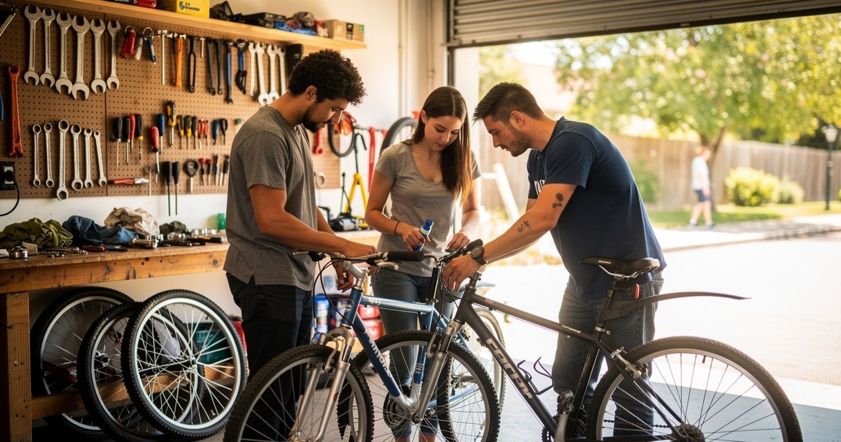 Trois jeunes adultes réparent des vélos dans un atelier associatif, outils accrochés au mur
