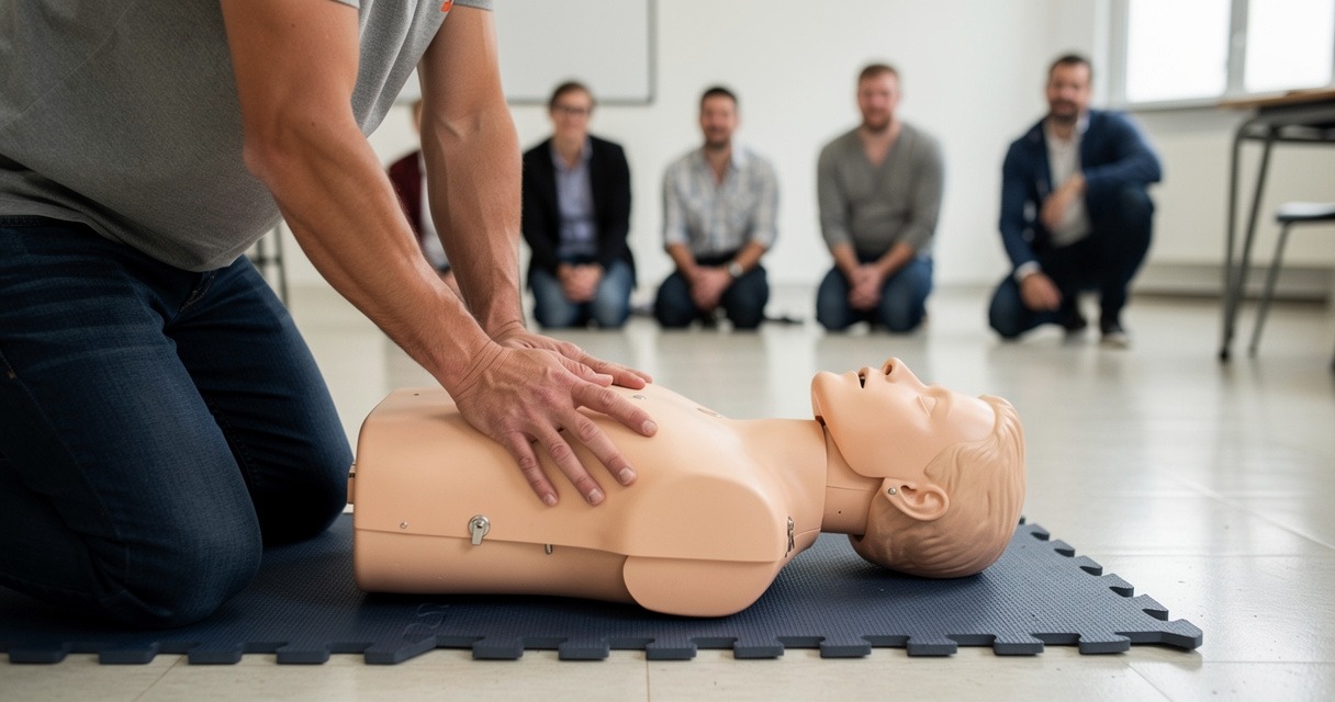 Des mains effectuant un massage cardiaque sur un mannequin de secourisme posé sur un tapis de sol