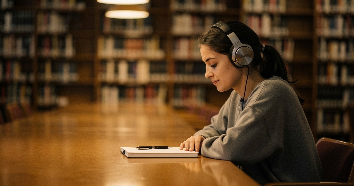 Une jeune femme casque sur les oreilles travaille à une table de bibliothèque, carnet et stylo devant elle