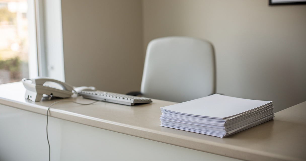 Comptoir d'accueil d'un cabinet médical avec un clavier, un téléphone et une pile de dossiers vierges