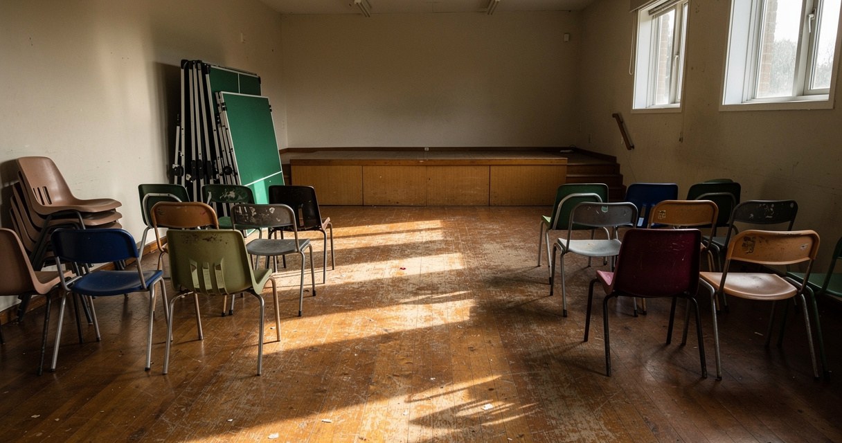 Salle polyvalente d'un centre socioculturel avec des chaises dépareillées et une table de ping-pong repliée