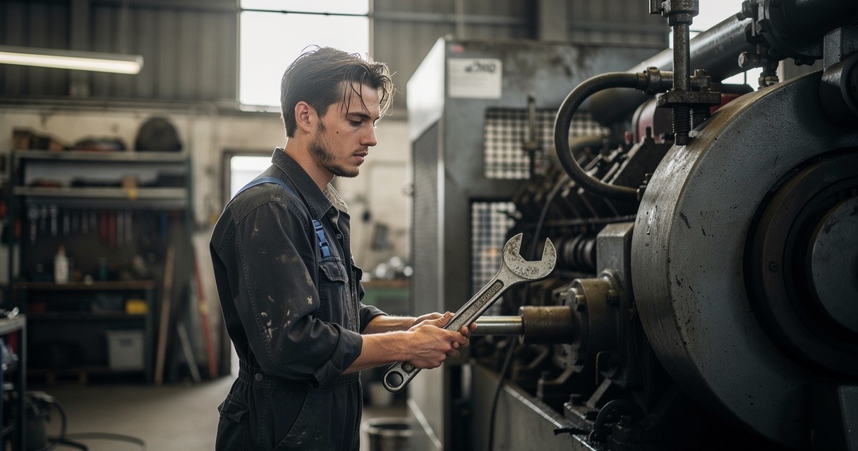 Un jeune homme en bleu de travail tient une clé plate devant une machine dans un atelier de maintenance